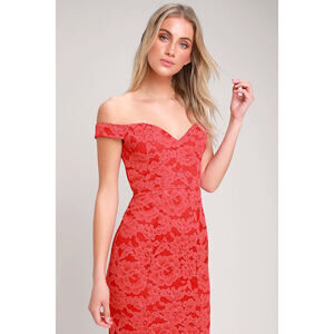 Lulus Swept Up Red Lace Off-the-shoulder Maxi Dress - Size M